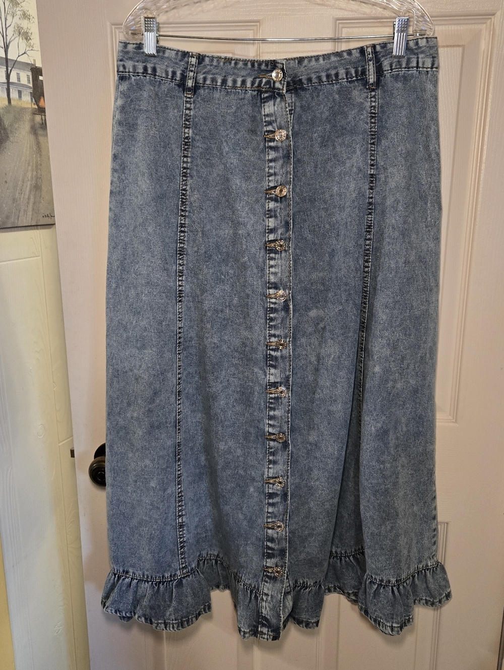 Denim Maxi Skirt Boho Western Prairie Button Front Tiered Ruffle Hem XXL
